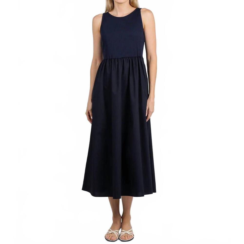 NEW ELLIOTT LAUREN rib knit woven double up combo dress in navy